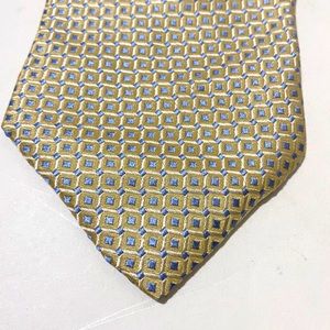 Hilfiger 100% Imported Silk Tie Beige Gold Blue Geometric 58" Made in USA